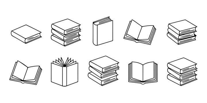 Books set one line continuous drawing. Bookstore, library line illustration. Vector minimalist linear illustration, Hand drawn book outline sketch set with library and bookstore icons for education.