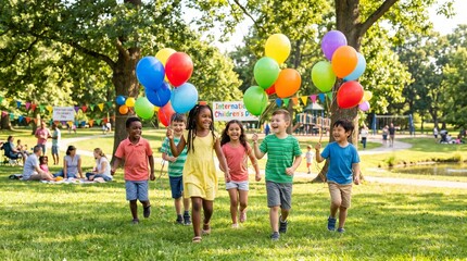 Happy children holding colorful balloons in a sunny park, joyful atmosphere, bright summer light, international children’s day celebration