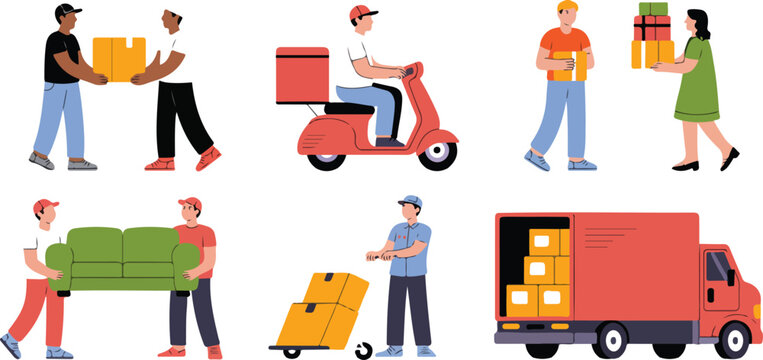 Delivery service workers flat illustration set featuring couriers with packages scooters boxes and online shipping elements