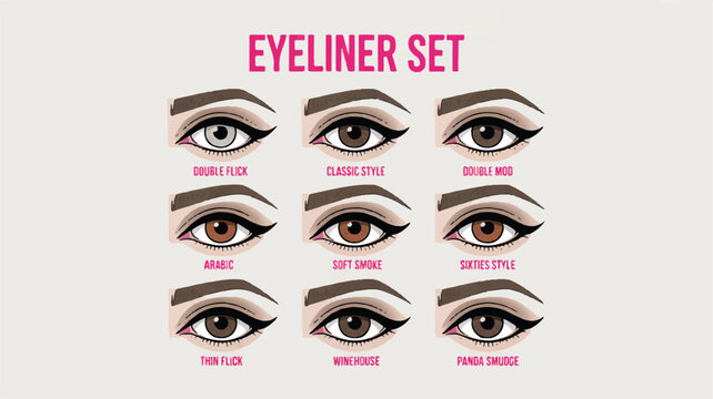 Eyeliner designs on multiple eye types with various styles and colors are shown