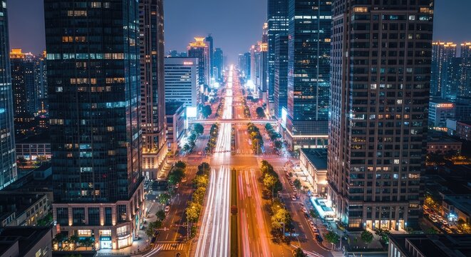 Sweeping drone hyperlapse reveals a vibrant nocturnal cityscape featuring a broad boulevard lit by traffic beneath towering urban towers, avenue, hyperlapse, dark