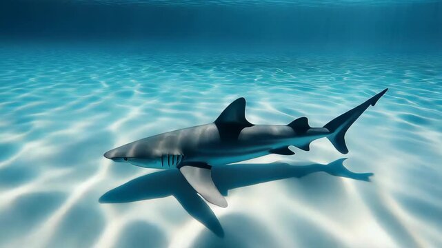 A sleek shark swims beneath the ocean surface, sunlight patterns filtering