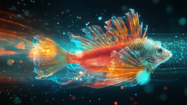A luminescent fish swims through a dark, ethereal space, with glowing fins and body