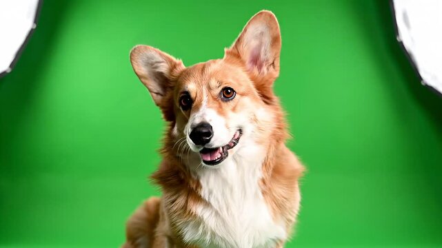 Welsh Corgi Sitting Calmly on Green Screen Studio Shot