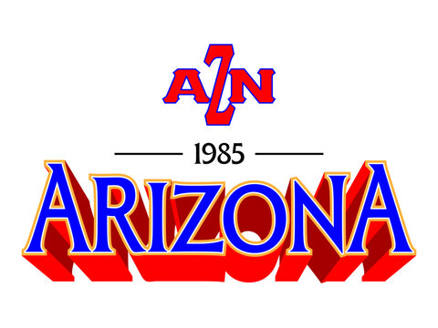 Vintage style Arizona state typography with 3D block letters in blue and red, featuring 1985 year and AZN emblem on a white background.