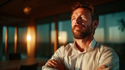 Obraz premium A thoughtful man with a beard stands in a modern space, reflecting deeply on life while capturing the essence of confidence and introspection illuminated by natural light.