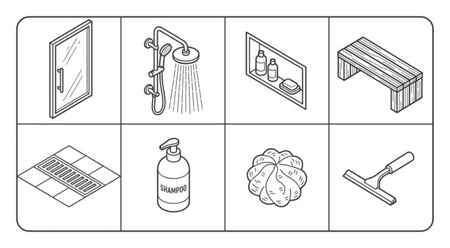 Isometric Line Art Icons for Bathroom Fixtures and Accessories Collection