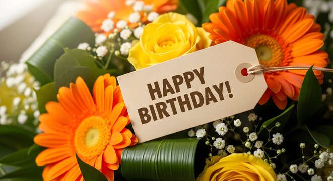 Happy birthday flowers vibrant orange and yellow bouquet with a 'happy birthday ' tag celebration wishes