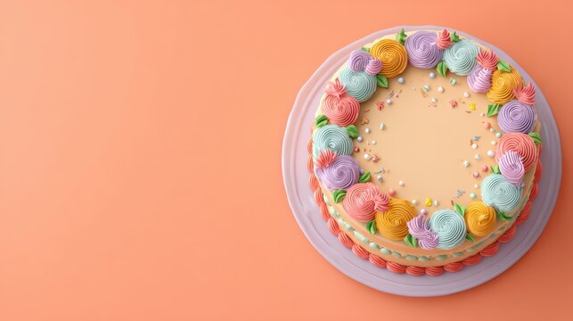 modern cute cake mockup, flat blank top, highly decorated frosting borders, vibrant and cheerful palette, minimal background, perfect for text placement, 8k realism 