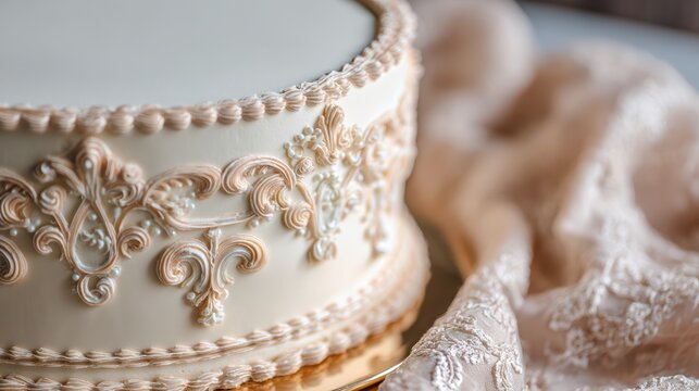 refined luxury cake design, blank top surface, subtle ornate edges with cream piping, ivory and champagne color palette, soft shadows, premium food photography style