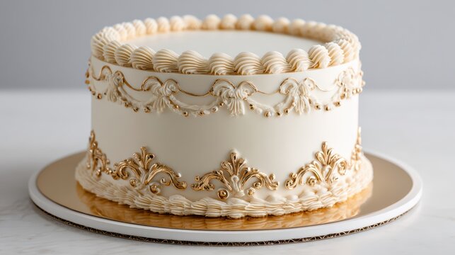 refined luxury cake design, blank top surface, subtle ornate edges with cream piping, ivory and champagne color palette, soft shadows, premium food photography style