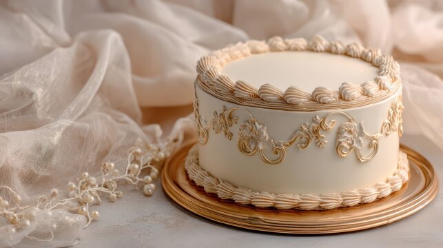 refined luxury cake design, blank top surface, subtle ornate edges with cream piping, ivory and champagne color palette, soft shadows, premium food photography style