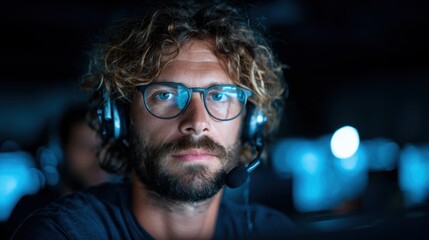 Fototapeta premium A focused individual wearing glasses and a headset is fully absorbed in an engaging gaming experience, highlighting the intersection of technology and leisure indoors.