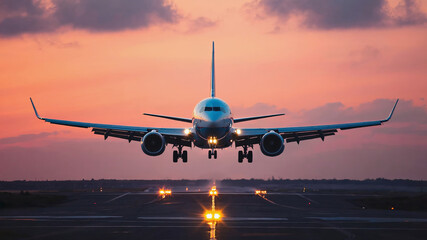 Fototapeta premium a passenger airplane landing on a runway at sunset