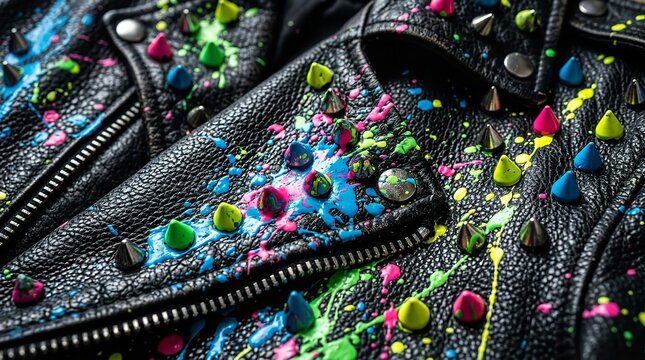 Black leather jacket featuring edgy metal studs and vibrant multi-colored paint splatters that highlight a bold rebellious punk rock fashion style perfectly suited for creative artistic individuals se