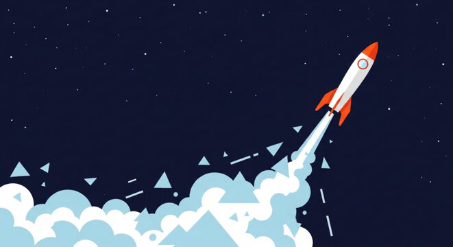 Rocket ship blasting off into starry night sky with clouds and triangles