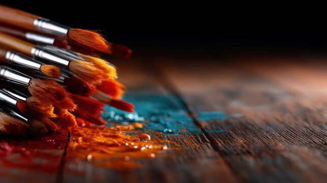 A visually striking arrangement of paintbrushes covered in vivid colors represents the essence of creativity and artistic expression on a textured wooden surface.