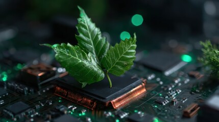Obraz premium A vibrant green leaf grows from a circuit board, symbolizing the integration of nature and technology, representing sustainability and eco-friendliness in a digital world.
