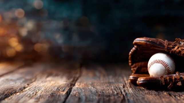 An iconic baseball glove and ball are resting on an aged wooden table, capturing the essence of America's favorite pastime while evoking nostalgia and the spirit of teamwork.