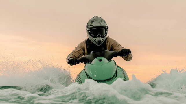 A person riding a jet ski in the ocean at sunset, creating splashes of water, embodying adventure and thrill against a breathtaking backdrop of colorful skies and waves.