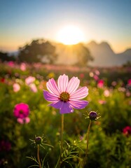 Fototapeta premium Vibrant flower in a colorful field at sunset
