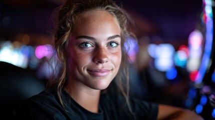 Fototapeta premium This vibrant image features a young woman smiling at the camera, set against a backdrop of colorful casino lights, capturing the excitement of the gaming environment.