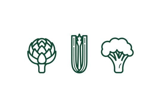 Healthy green vegetables outline icons including artichoke celery and broccoli.
