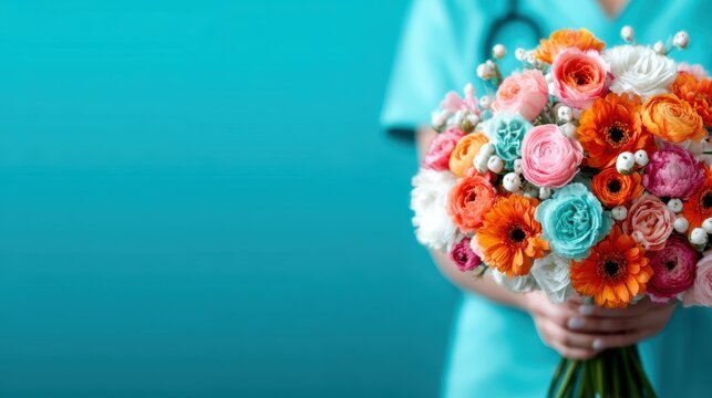 A nurse in scrubs proudly holds a colorful bouquet of flowers, symbolizing care, compassion, and appreciation within the medical field, blending healthcare with a touch of beauty.