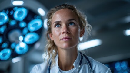 Obraz premium An inspiring portrait of a dedicated female doctor deep in thought, set in a bright and modern hospital environment, emphasizing professionalism, care, and commitment to healthcare.
