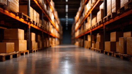 Fototapeta premium An expansive warehouse filled with neatly stacked boxes on wooden pallets, showcasing an efficient and organized storage environment, illuminated by ambient lighting.