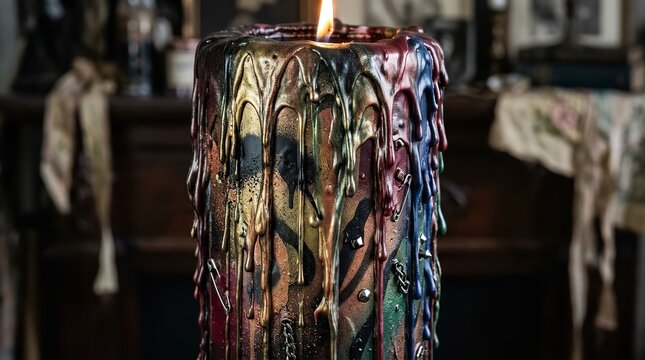 Large artistic pillar candle featuring multi colored wax drips and metallic studs provides a unique punk rock aesthetic that glows with a warm flickering flame for an expressive dark home decor piece 