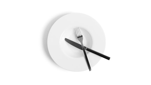 Sign language with cutlery. A plate with cutlery isolated on a white background. Plate, knife, fork on a white background.