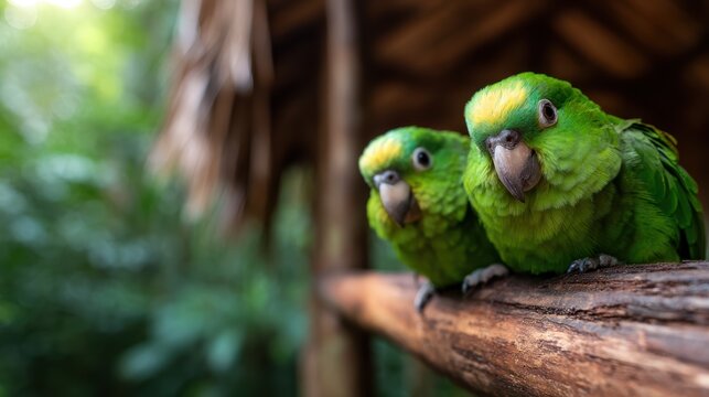 A captivating close-up of two vibrant green parrots perched intimately on a wooden beam, showcasing their colorful plumage and tranquil surroundings in a lush environment.