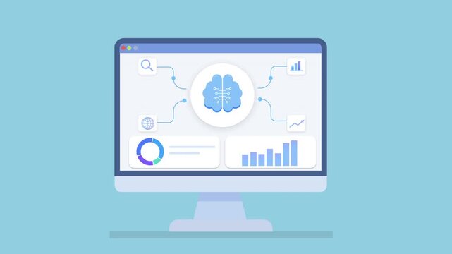 Clean animation of a desktop monitor displaying AI data visualization dashboard with connected nodes, charts, and data flow, representing machine learning, analytics, and cloud based systems.