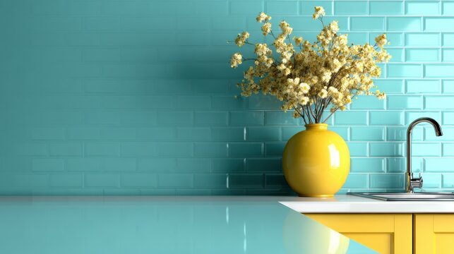 A vibrant kitchen showcasing a striking blue backsplash and bright yellow vase with flowers, melding modern design and warmth in an inviting, light-filled space highlights aesthetics.