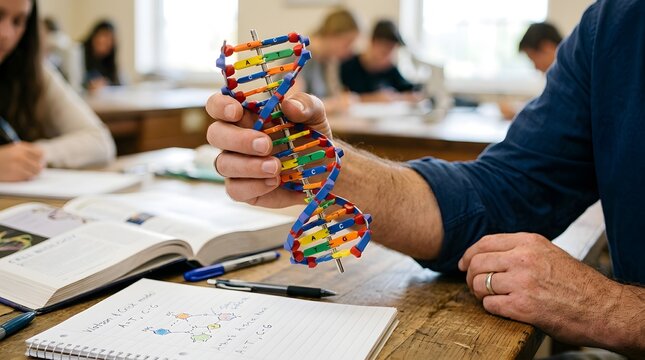 Professor holding a colorful DNA model in a classroom setting.