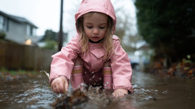A young girl in a pink raincoat joyfully splashes in a puddle, capturing the essence of childhood innocence and the beauty of finding joy in simple moments despite the rain.