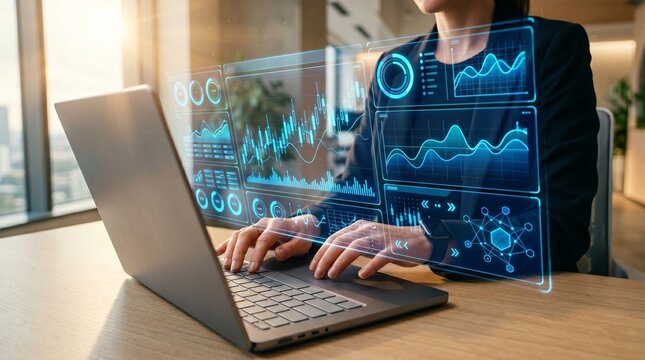 Businesswoman using laptop with holographic financial analytics dashboard, fintech trading data interface and market chart concept in modern office