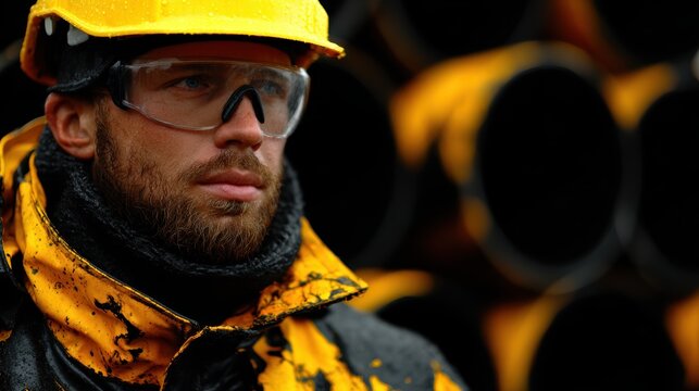 A serious factory worker wearing safety gear, including a yellow helmet and protective glasses, epitomizing diligence and professionalism in an industrial setting.