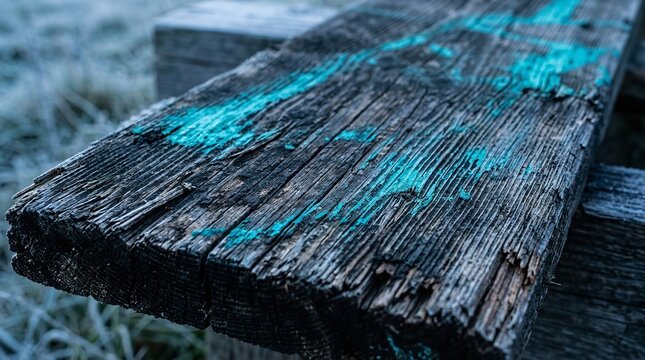 Weathered dark wooden plank shows rustic texture with remnants of vibrant teal paint peeling off the aged surface during a cold morning in winter while highlighting the beautiful contrast between old 