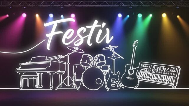 Animated Music Festival Stage with Instruments and Lights.