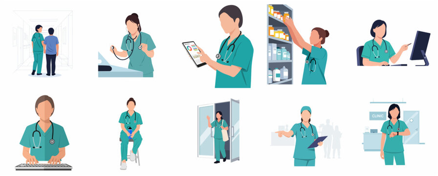 Collection of medical nurse and doctor characters in teal scrubs working in various hospital scenes, flat vector illustration set