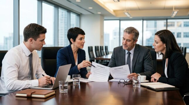 Four business professionals are gathered around a large wooden table in a modern office. They are intently discussing a contract, each holding a copy of the document and a pen.