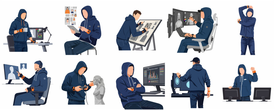 Collection of flat vector illustrations of a digital professional working in various scenarios, including graphic design, coding, data analysis, and remote communication.