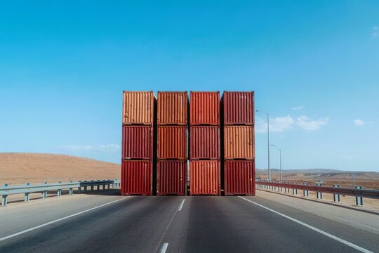 wall of shipping container block road. Trade embargo and blockade