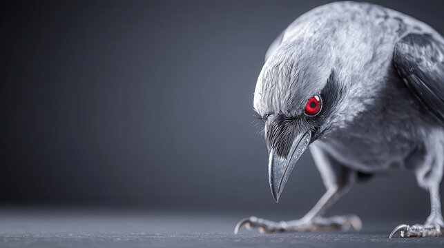 Creepy crow with glowing red eyes stands in low light, creating eerie atmosphere. detailed feathers and sharp beak enhance its mysterious presence