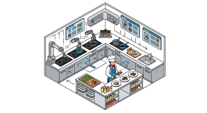 Isometric view of a commercial kitchen.