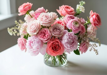 Fototapeta premium Elegant bouquet of pink roses and peonies in a glass vase