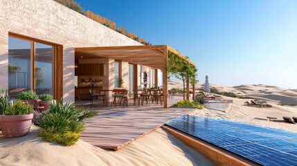 Fototapeta premium Modern desert architecture design featuring spacious wooden deck, solar panels, and lush greenery, creating serene outdoor living space