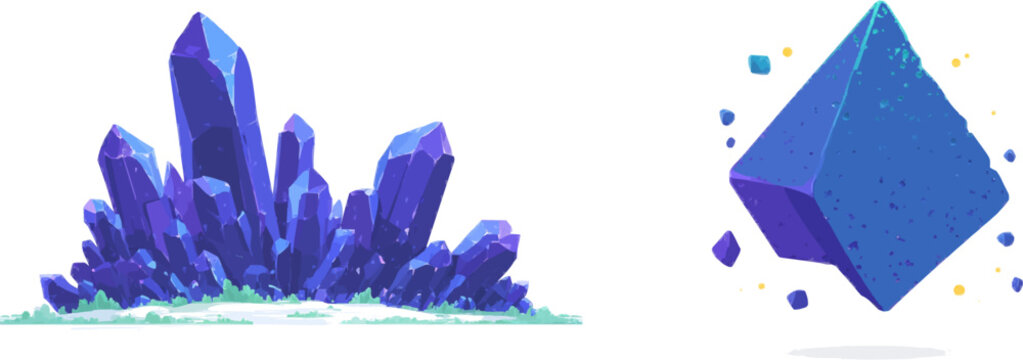 A striking abstract crystalline grunge formation features sharp diamond shapes in flat amethyst purple and grey, with a weathered stone texture and solid color planes, set against a clean white